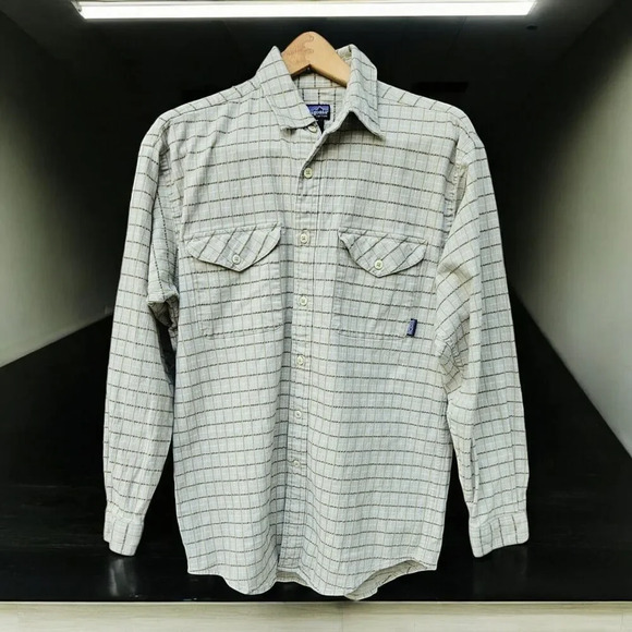 Patagonia Organic Cotton Long Sleeve Button Up Shirt Plaid Beige Med Shacket - Picture 1 of 7